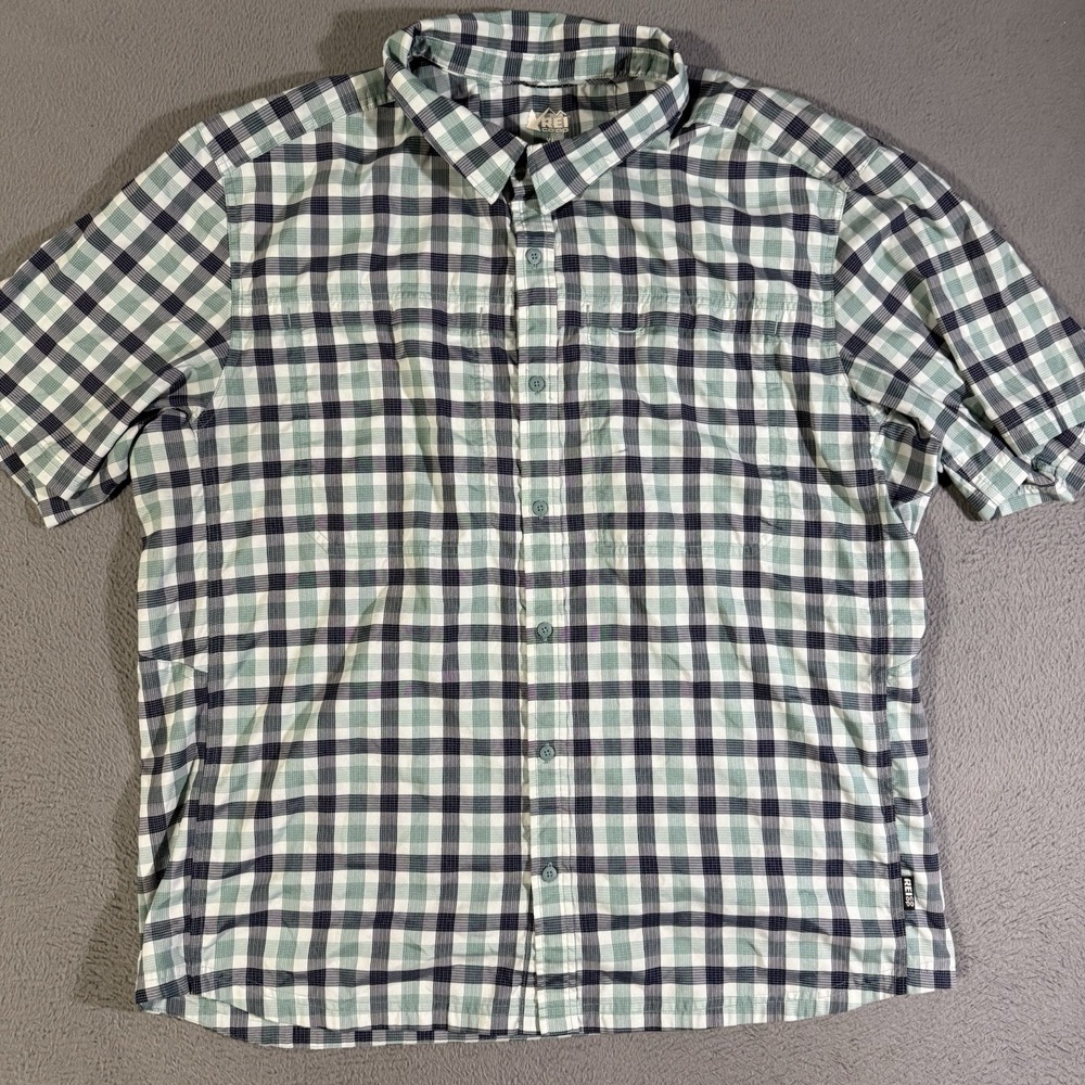 REI Co Op Shirt Mens XL Green Blue Plaid Short Sleeve‎ Hiking Vented Polyester
